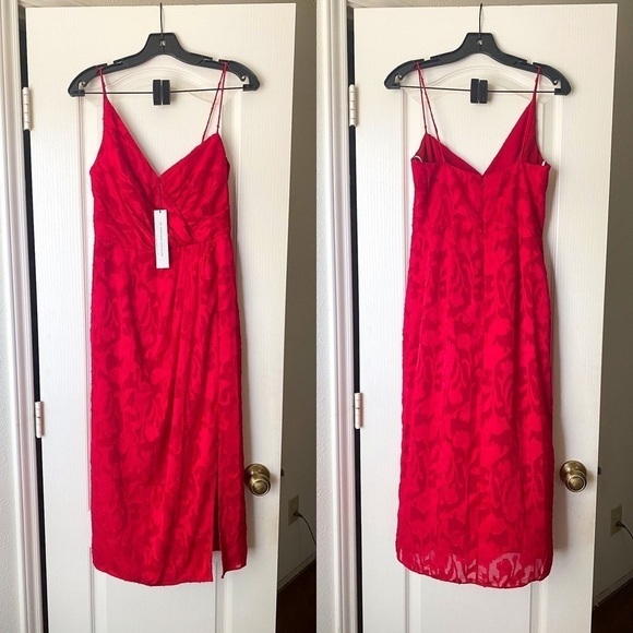 Monique Lhuillier Dress Foulard Asymmetric Floral Lace Midi Lipstick 4 NWT - Picture 2 of 7